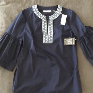 Tory Burch NWT. Navy cotton bell sleeve blouse with collar detail